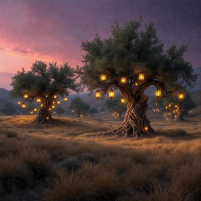 The primary subject of the image is a tree with a glowing light on it, surrounded by other trees. The setting is a field with a mountain in the background. The visual style is a combination of photo and digital art, creating a surreal and magical atmosphere. The colors are predominantly warm and earthy tones, with the glowing lights adding a touch of whimsy to the scene.